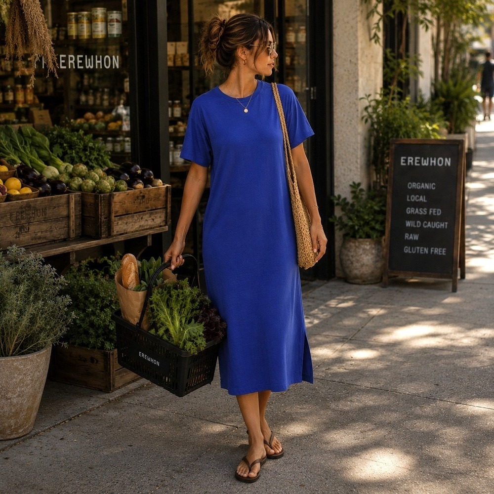 Eileen Fisher Royal Blue Soft Jersey Midi Dress Minimalist Shift Dress Medium